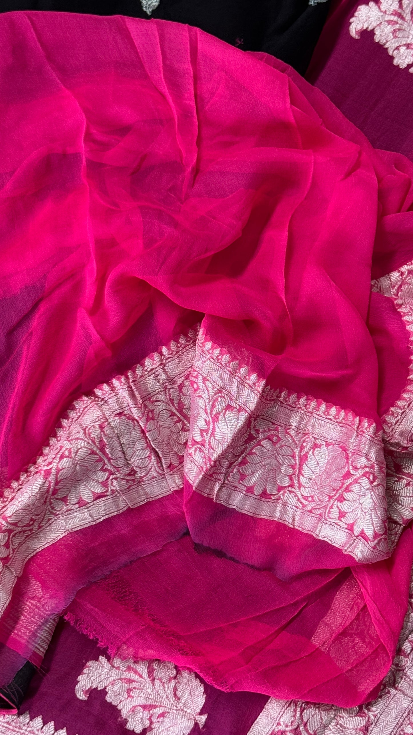 Pure Khaddi Chiffon Banarasi Silk Saree – Black and Pink contrast