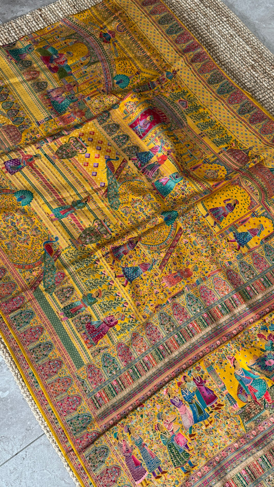 A Kashmiri Pashmina Banarasi Handwoven Storytelling Sarees - Yellow