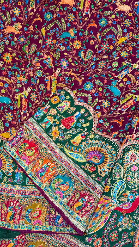 A Kashmiri Pashmina Banarasi Handwoven Storytelling Sarees - Wine & Teal