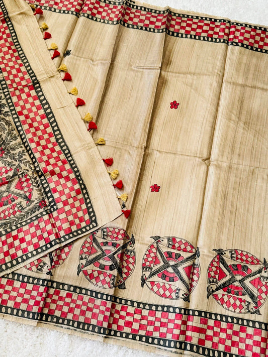 PURE TUSSAR SILK β HANPAINTED MADHUBHANI PRINT