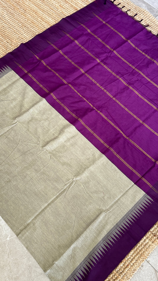 Purely Hand-Woven - Grey Cotton Silk Saree with Purple Border