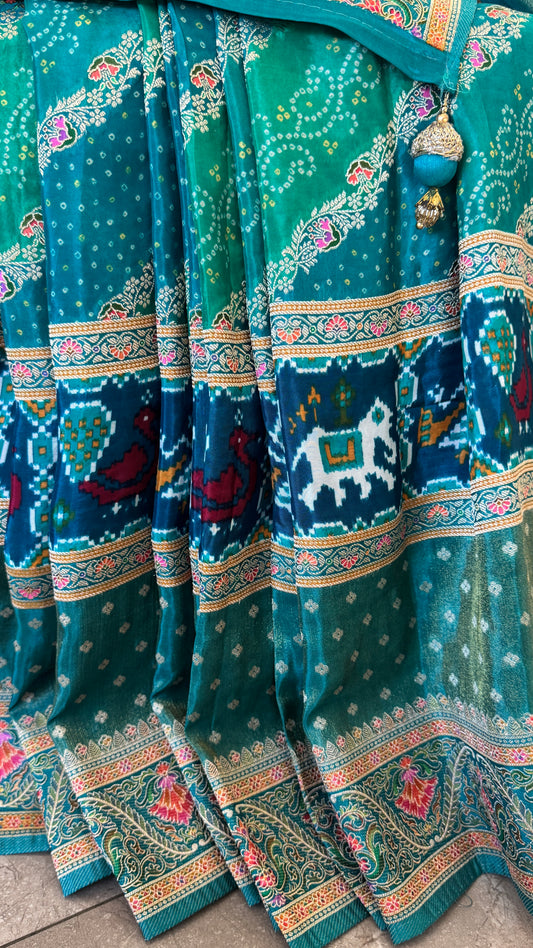 Lehariya Kashmiri Pashmina Saree - Teal
