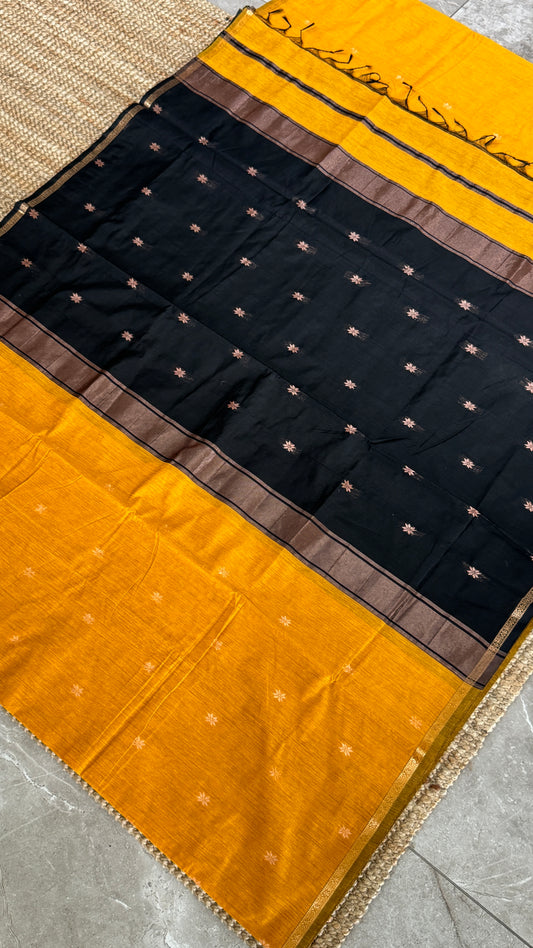 Purely Hand-Woven - Mustard Yellow Cotton Silk Saree with Black Pallu