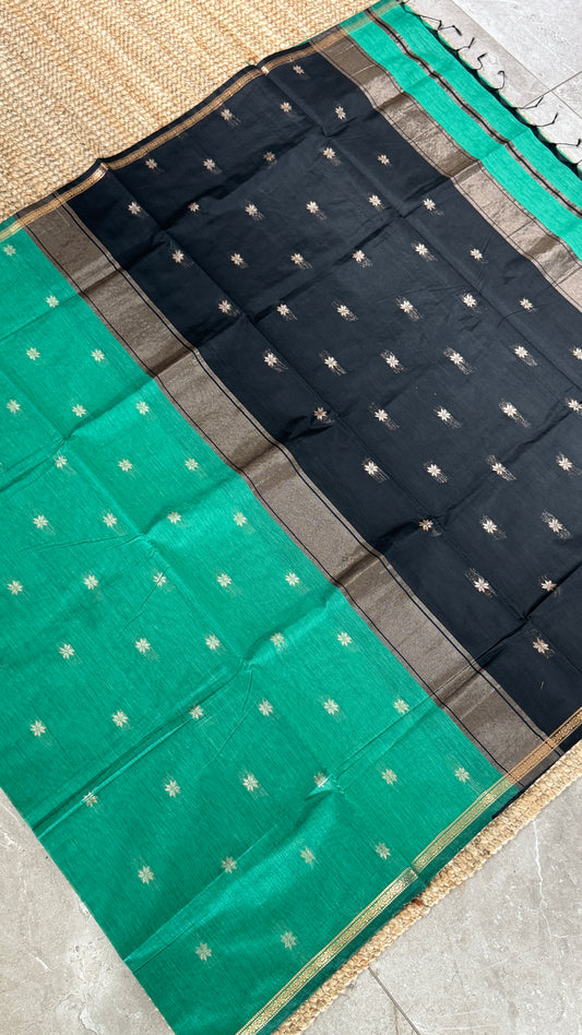 Purely Hand-Woven - Rama Green Cotton Silk Saree with Black Border