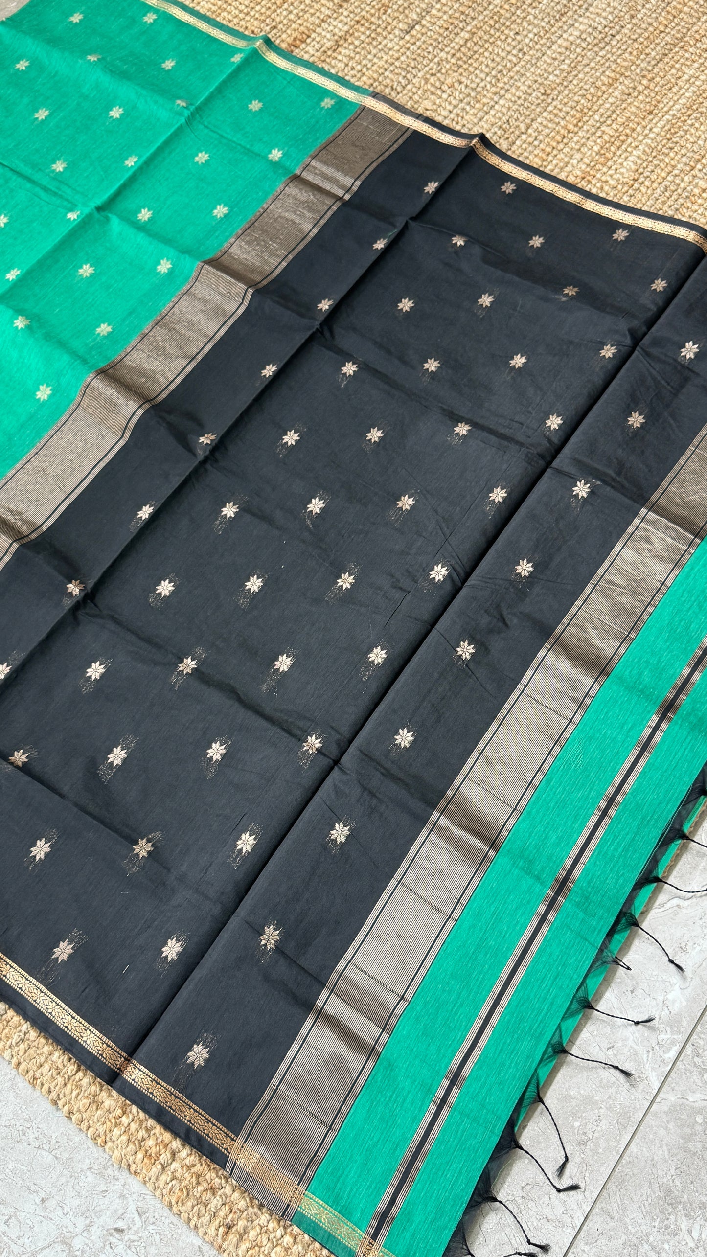 Purely Hand-Woven - Rama Green Cotton Silk Saree with Black Border