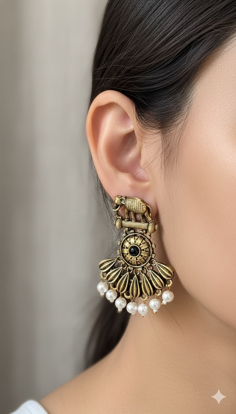 Gorgeous Designer Elephant Hangings Set - Black Stone with Pearl drops