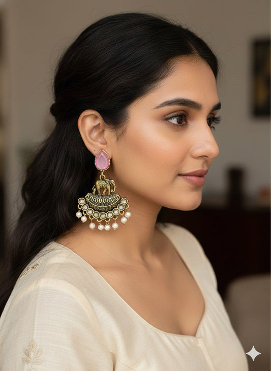 Gorgeous Designer Elephant Hangings Set - Baby Pink Stone with Pearl drops
