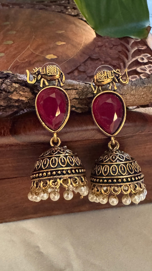 Antique Black Gold Finish Jhumka with Maroon Stone and Elephant motif