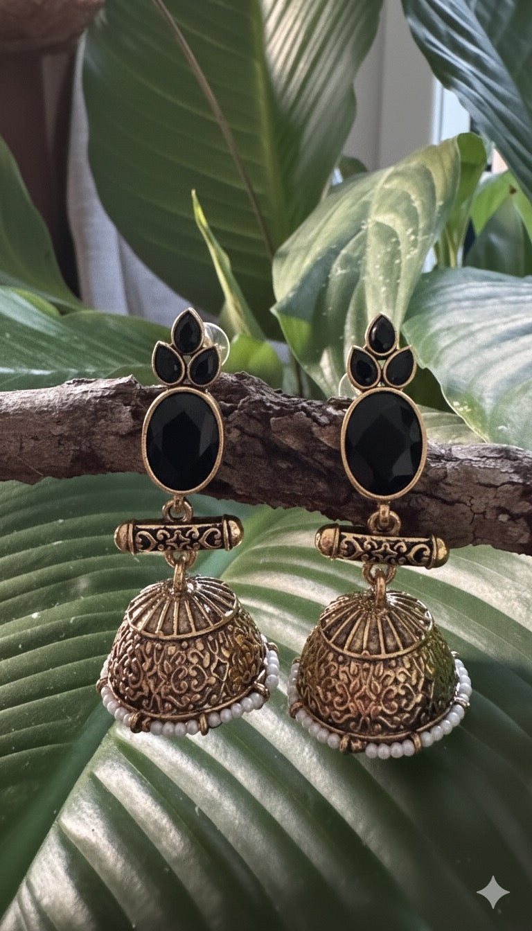 Antique Black Gold Finish Jhumka with Black Stone