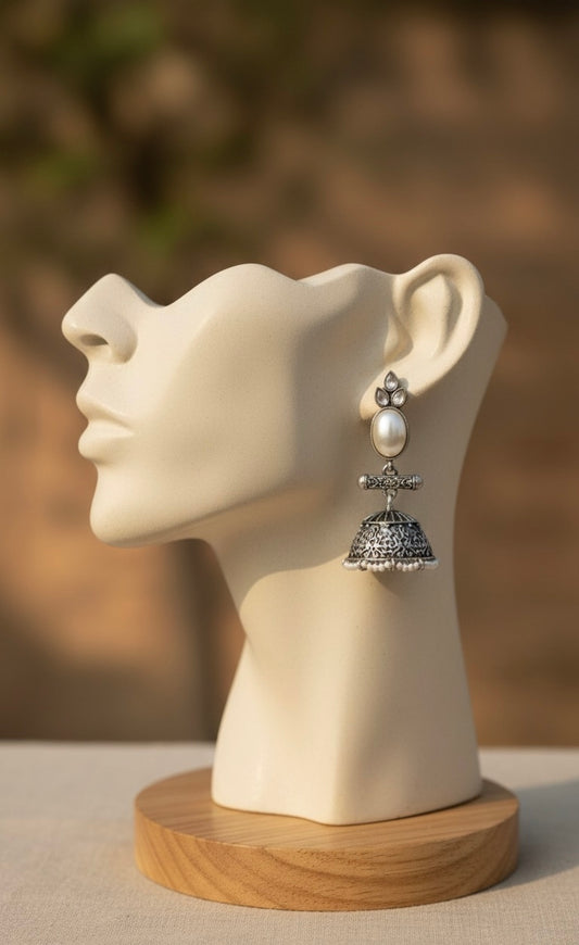 Antique Black Silver Finish Jhumka with Pearl detailing