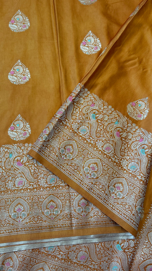 A Kashmiri Pashmina Banarasi Handwoven Storytelling Sarees - Mustard