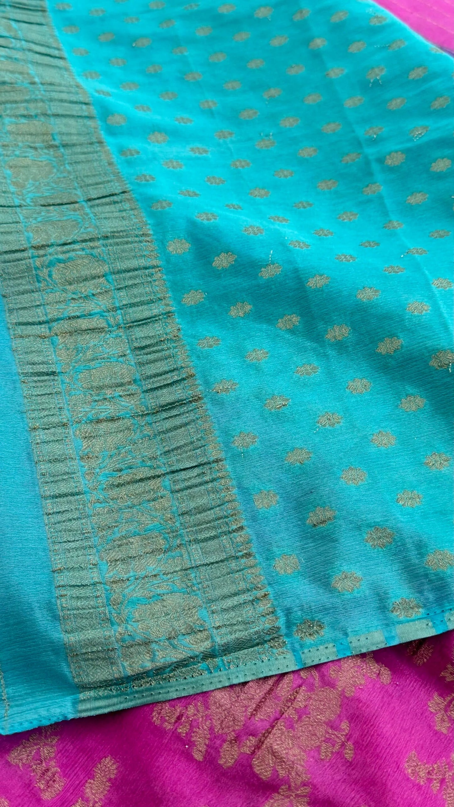 Georgette Silk Crushed Banarasi Saree – Candy Pink with Ice Blue Border