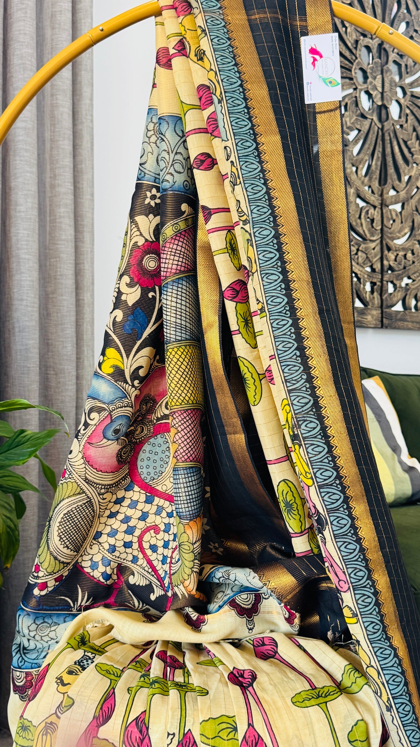 Handpainted Pen Kalamkari art on Pure Bangalore Silk