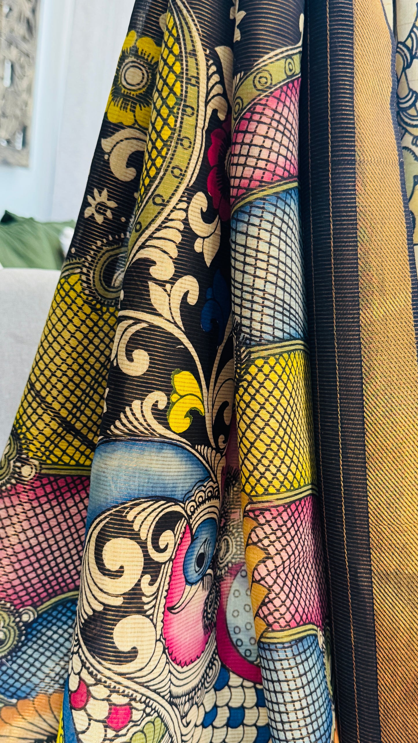Handpainted Pen Kalamkari art on Pure Bangalore Silk