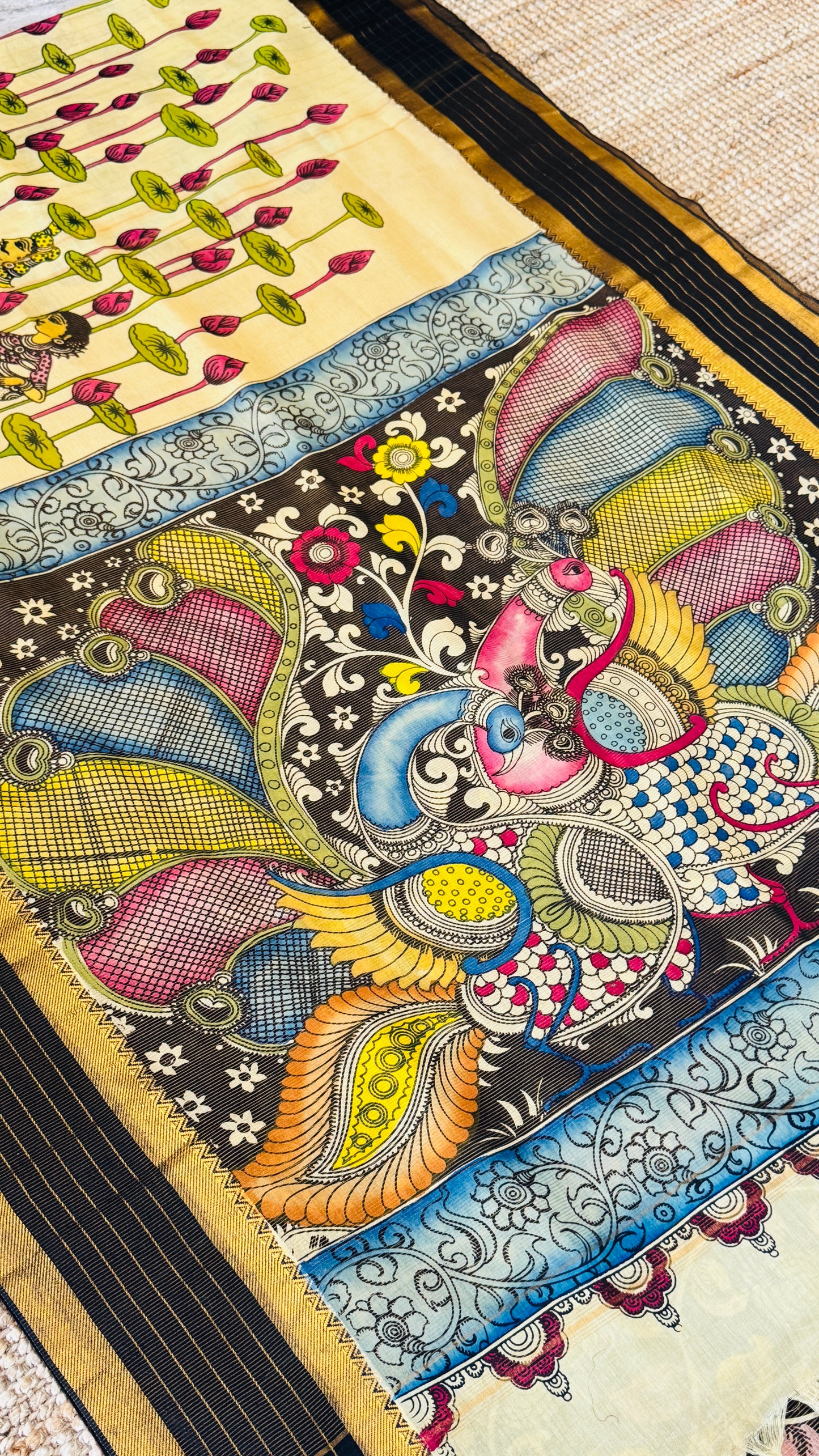 Handpainted Pen Kalamkari art on Pure Bangalore Silk