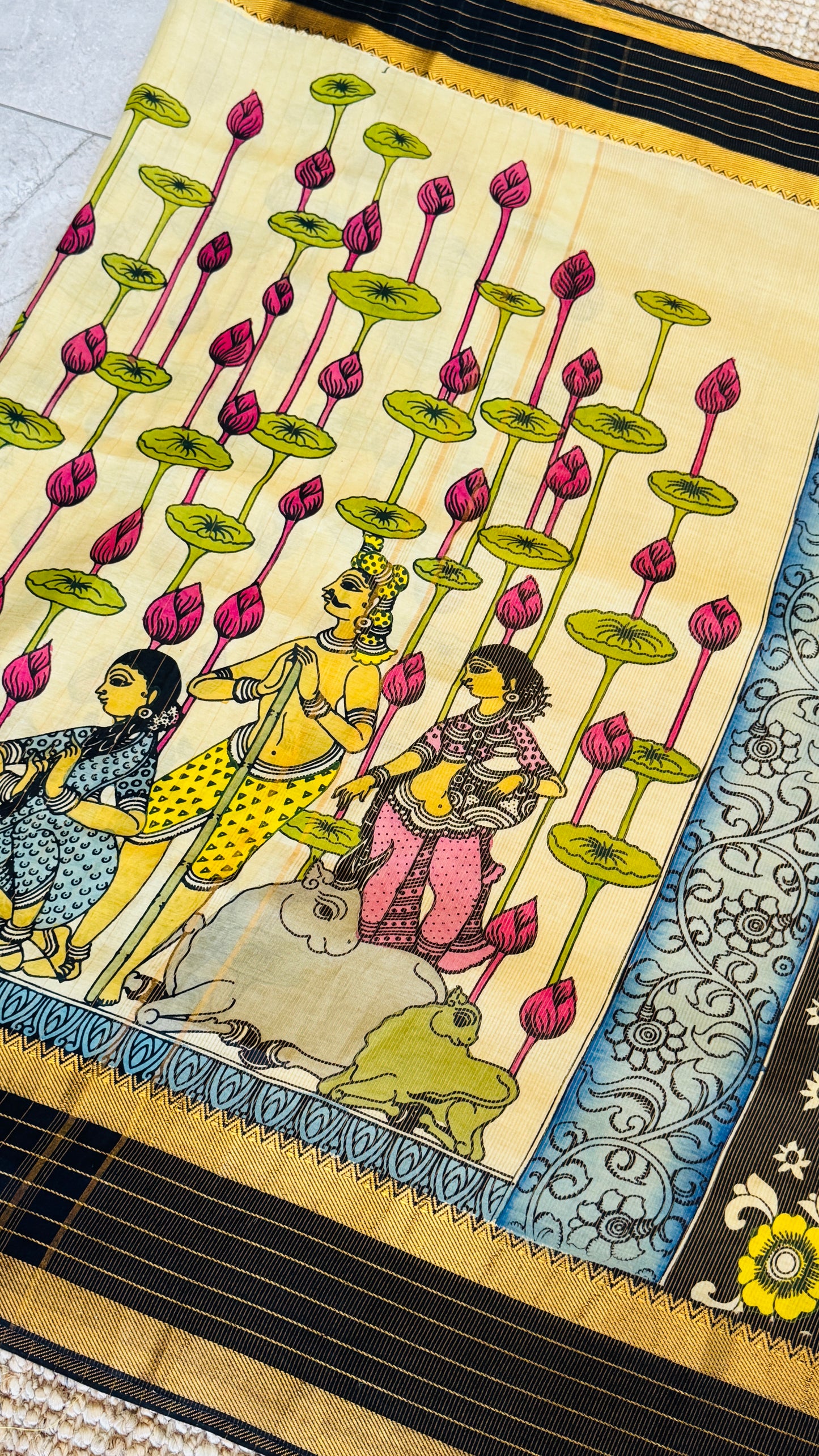 Handpainted Pen Kalamkari art on Pure Bangalore Silk