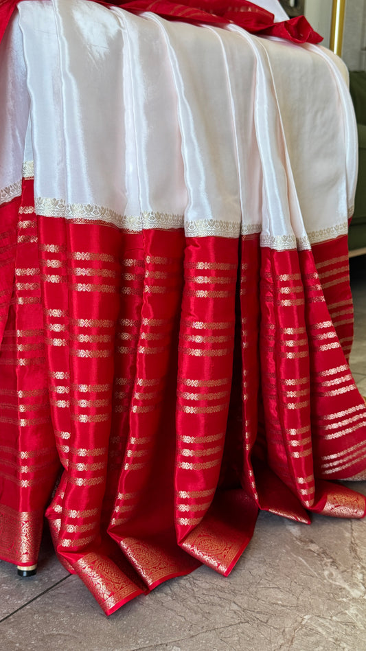 Pure Crepe silk saree – White and Red