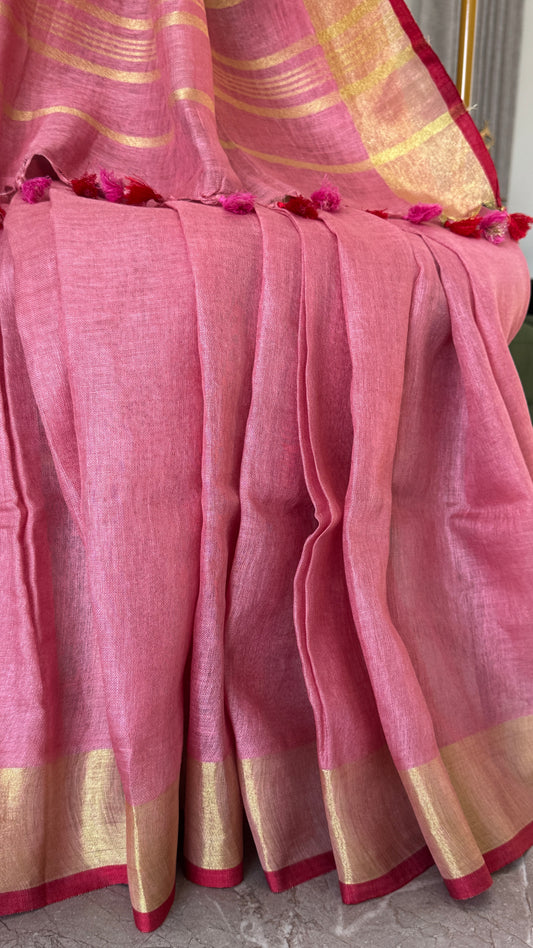 Pure Linen Saree - Pink