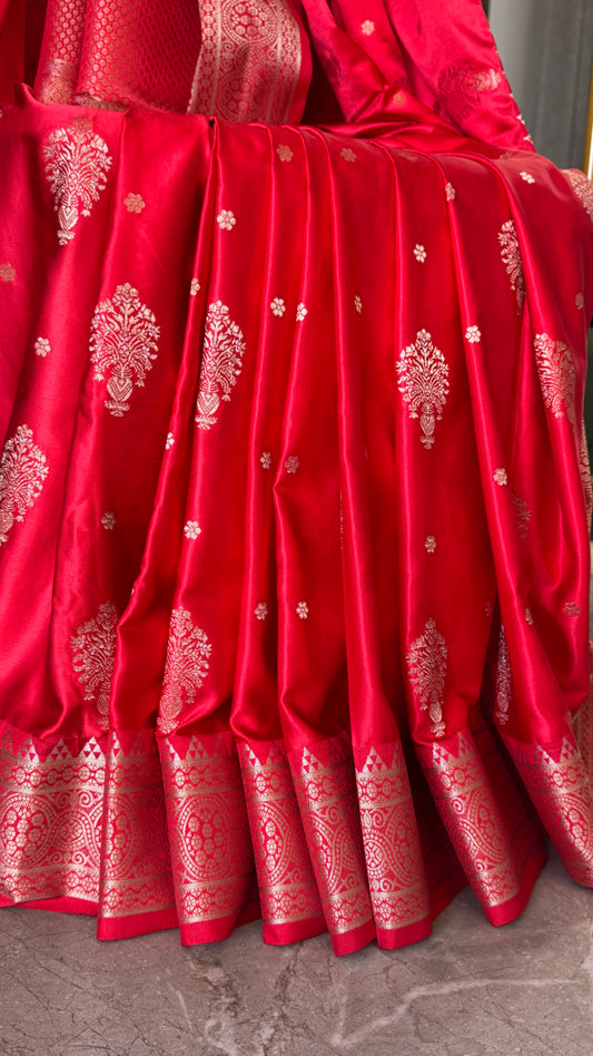Satin Silk Banarasi Sarees - Bright Red