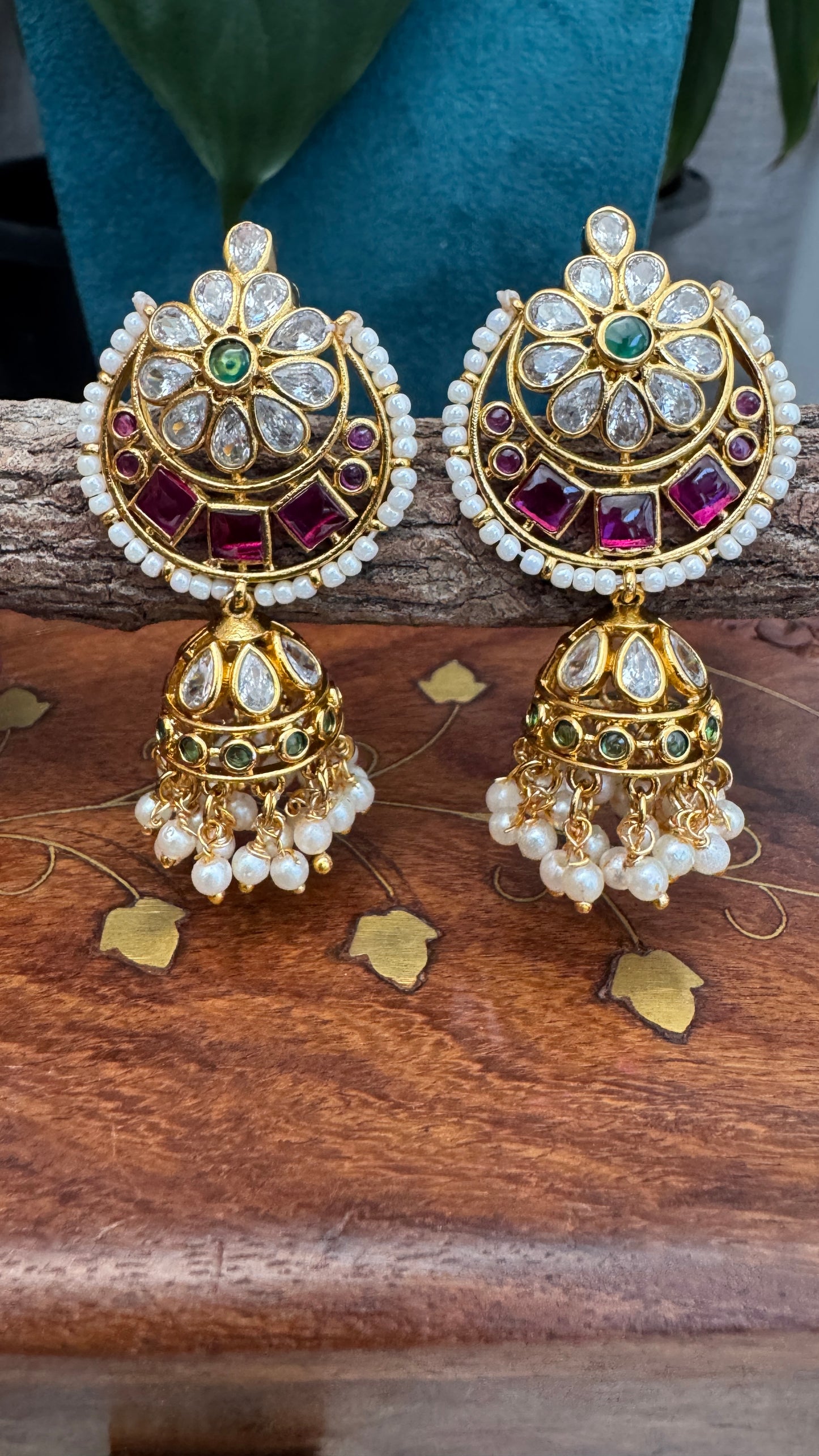 Chandbali Gold Ruby & Emerald Studded Jhumka