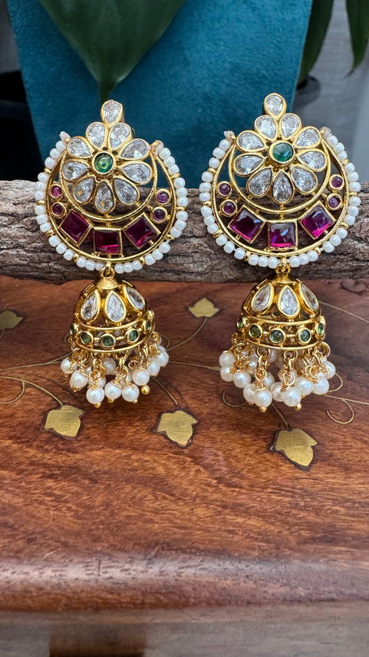 Chandbali Gold Ruby & Emerald Studded Jhumka
