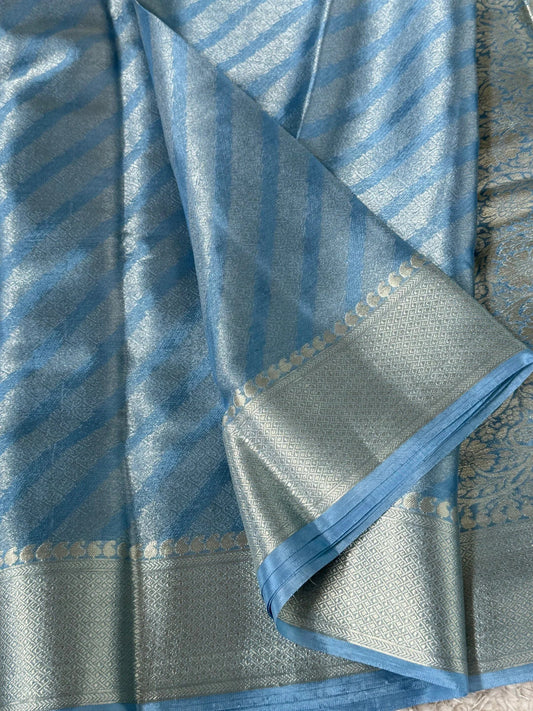 Shimmery Georgette Saree in Bluish grey with Silver Zari Border