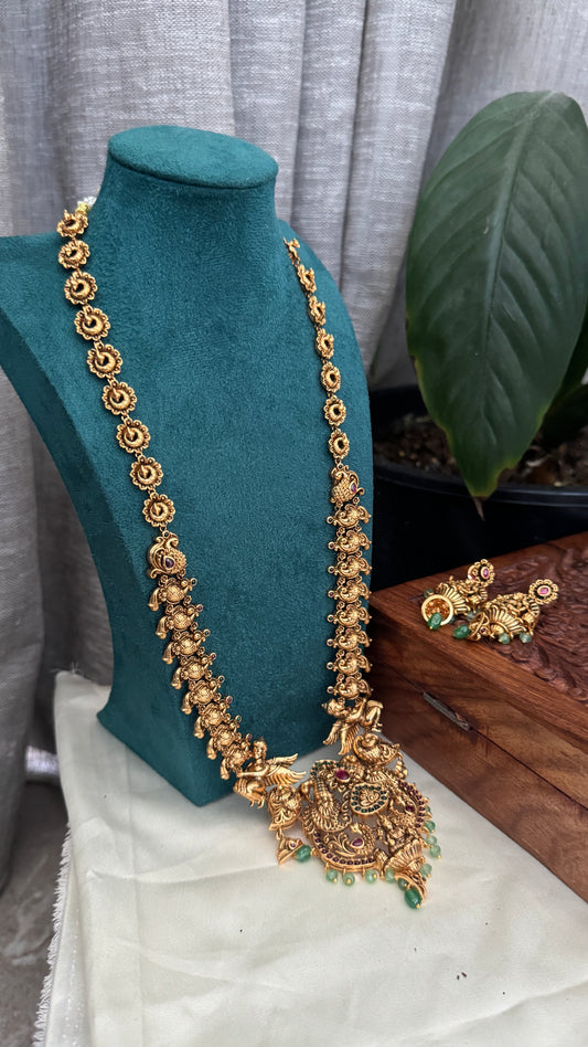 Unique Long Lakshmi and Peacock Temple Haar Jewellery Set