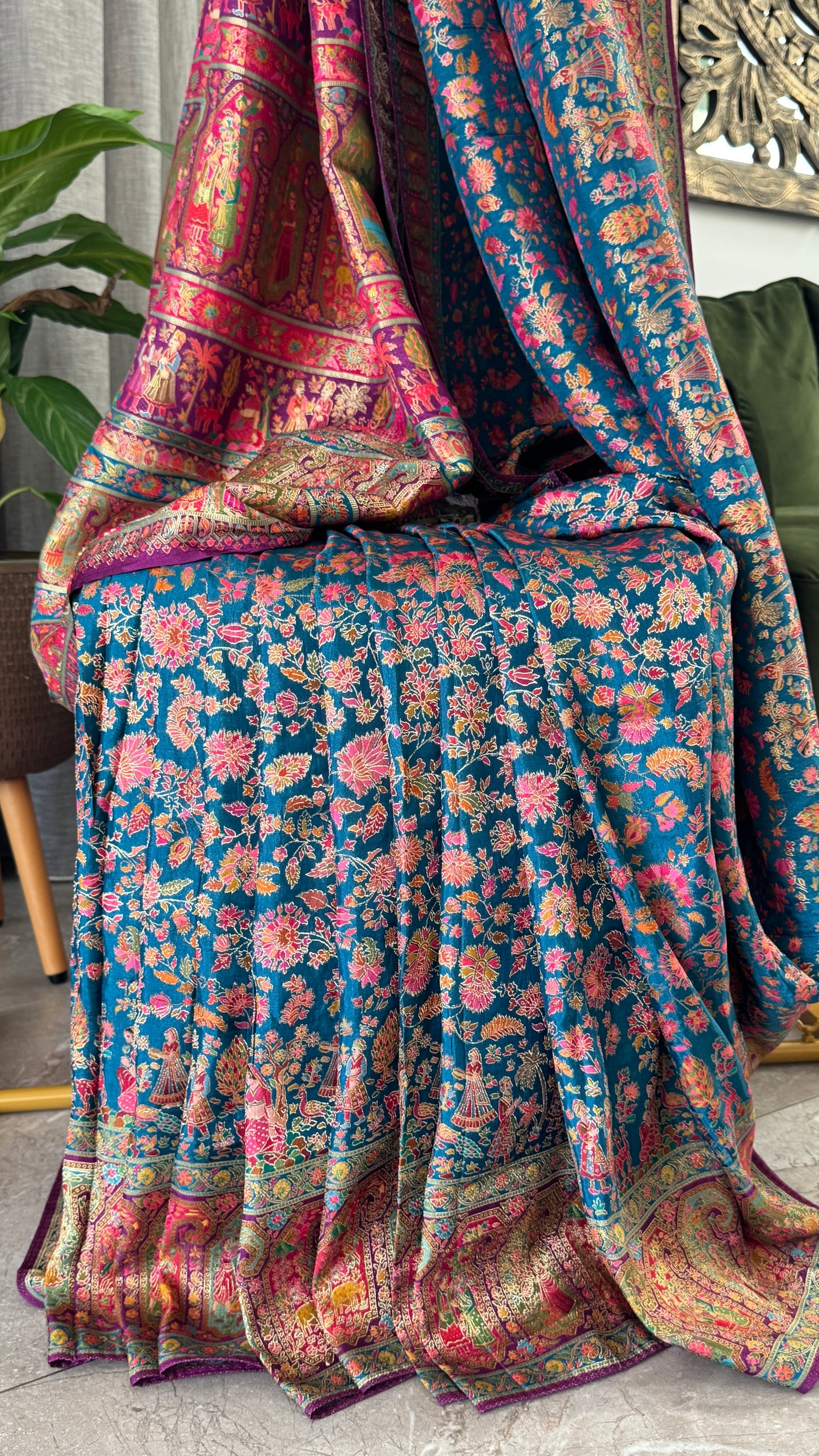 A Kashmiri Pashmina Banarasi Handwoven Storytelling Sarees - Teal