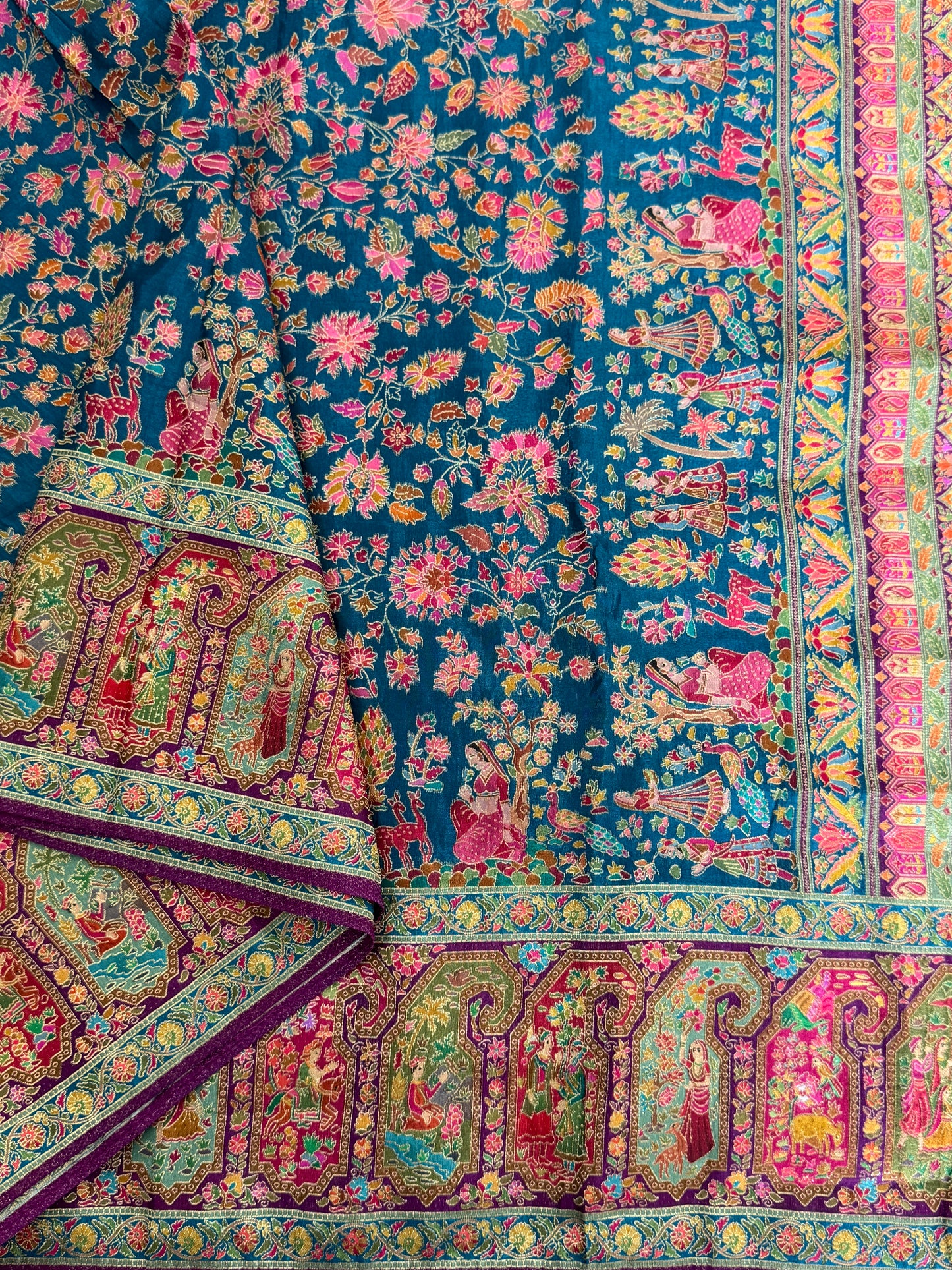 A Kashmiri Pashmina Banarasi Handwoven Storytelling Sarees - Teal