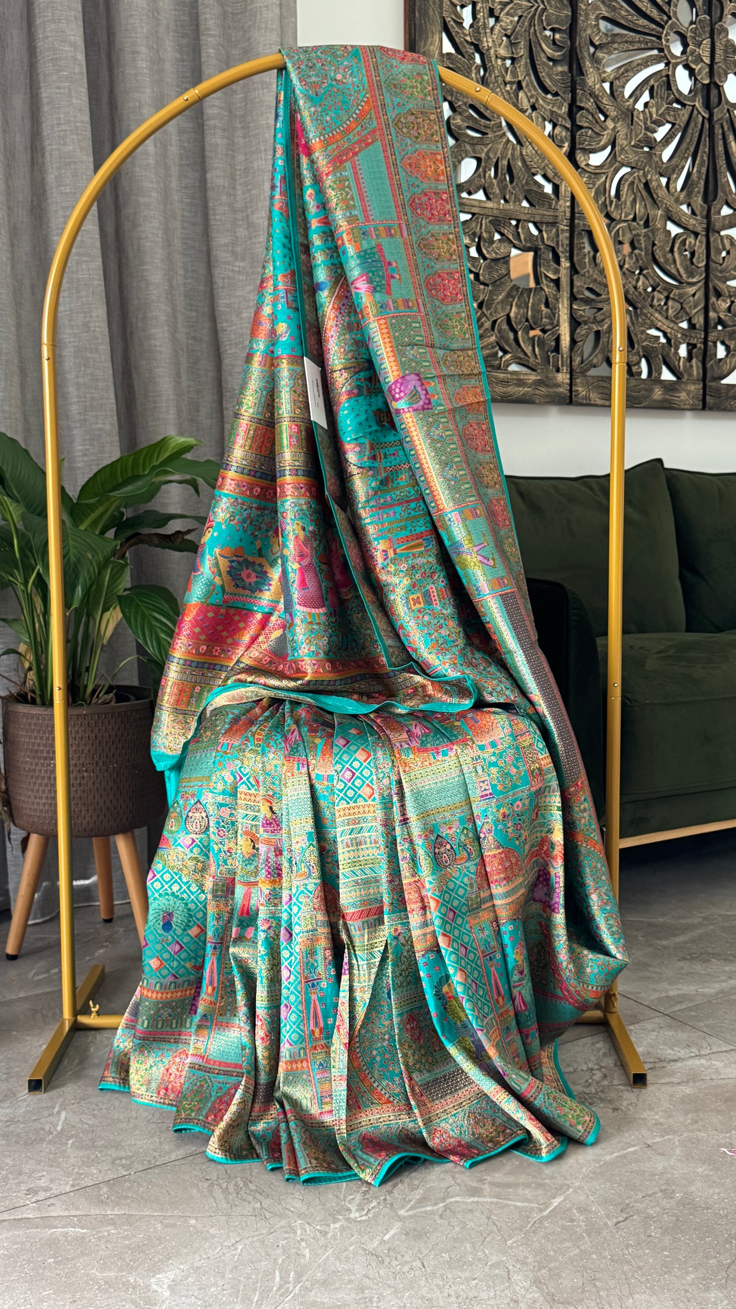 A Kashmiri Pashmina Banarasi Handwoven Storytelling Sarees - Teal Green