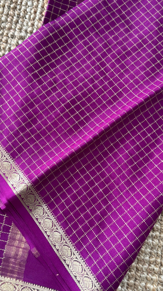 Pure Mysore Checkered Silk Sarees - Purple