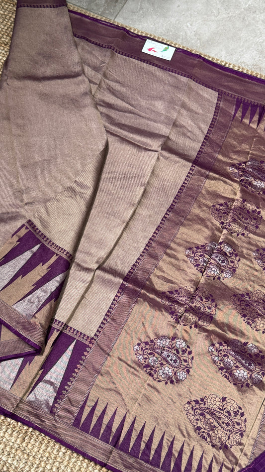 Pure Tissue Kanchivaram in Temple Border - Deep Purple
