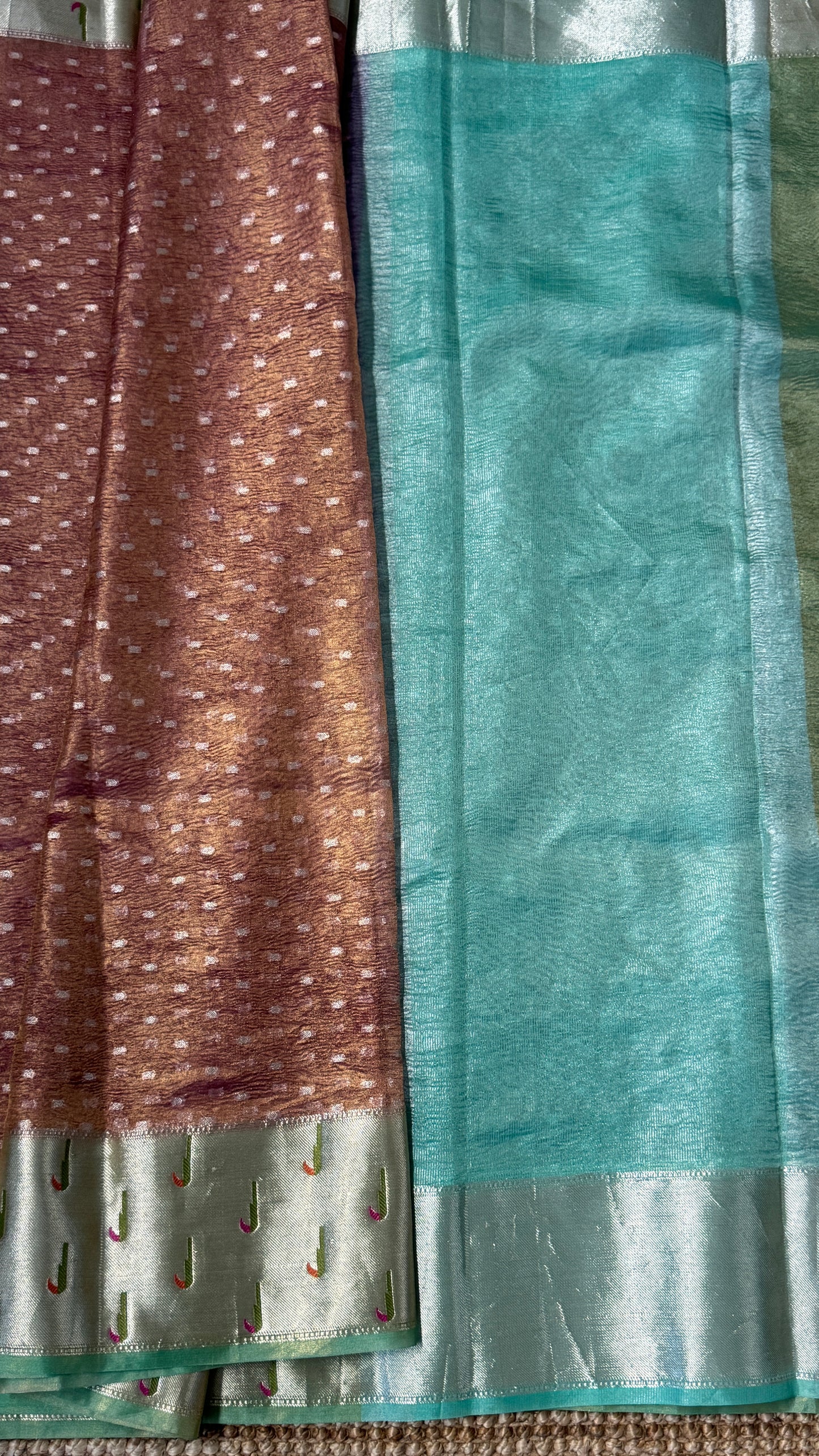 Semi Tissue Silk β Crushed in Onion Pink and contrast Paithani Border