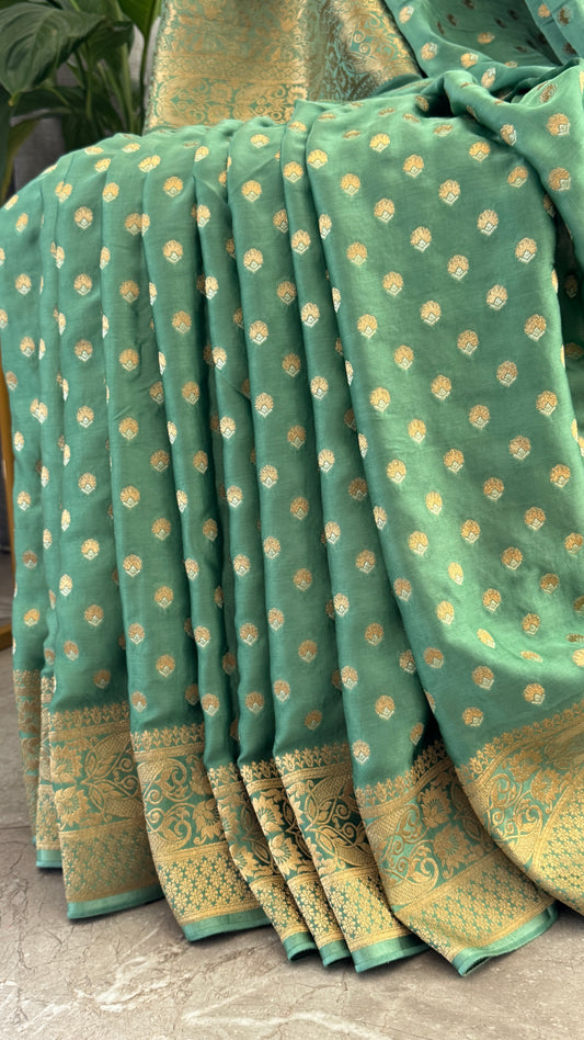 Pure Mashru Silk Banarasi Saree – Kanchi Australia’s Exclusive – Sage Green