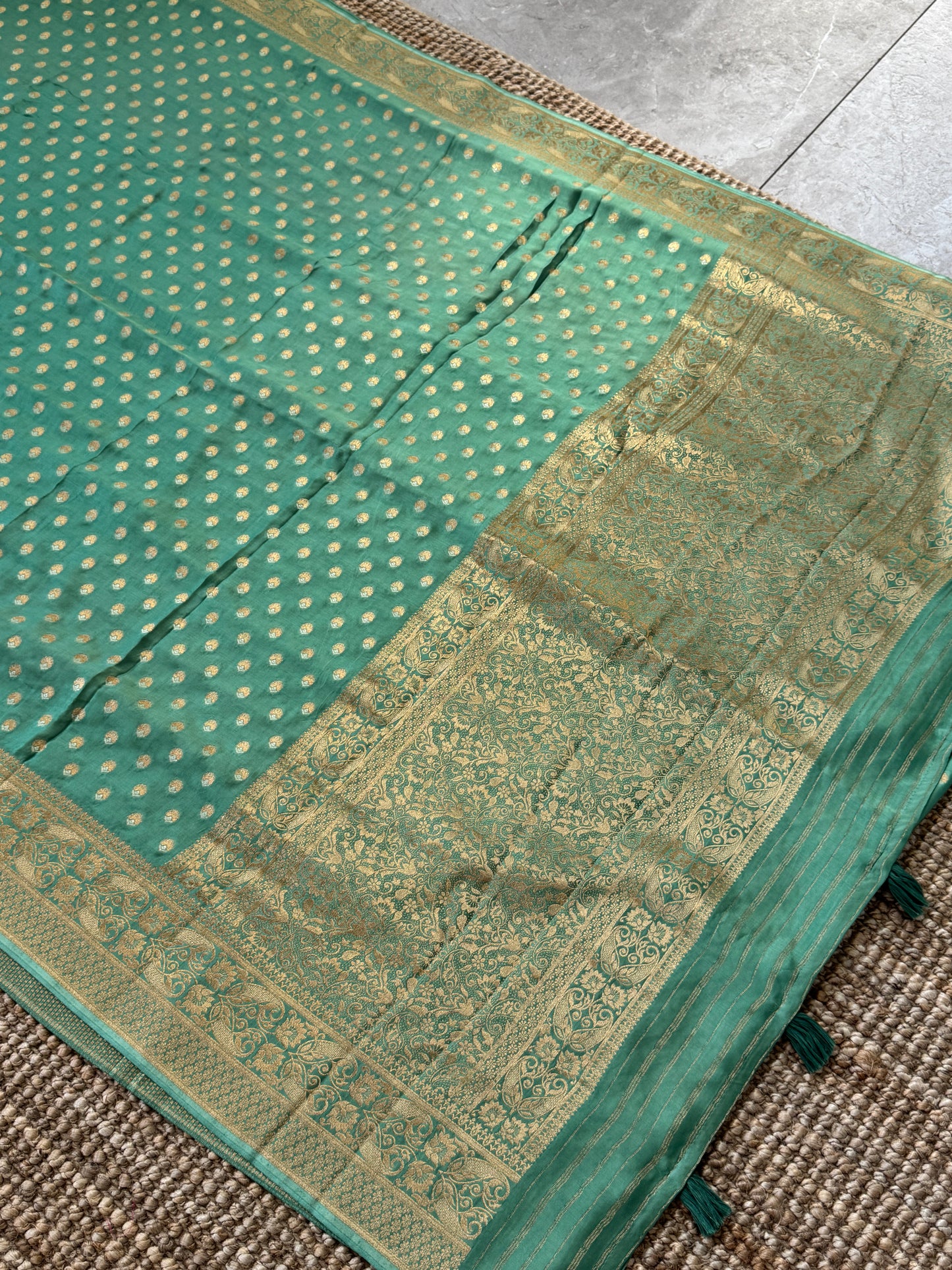 Pure Mashru Silk Banarasi Saree – Kanchi Australia’s Exclusive – Sage Green