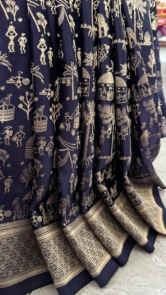 Pure Mashru Silk Banarasi Saree With Warli Art Form Woven - Navy Blue