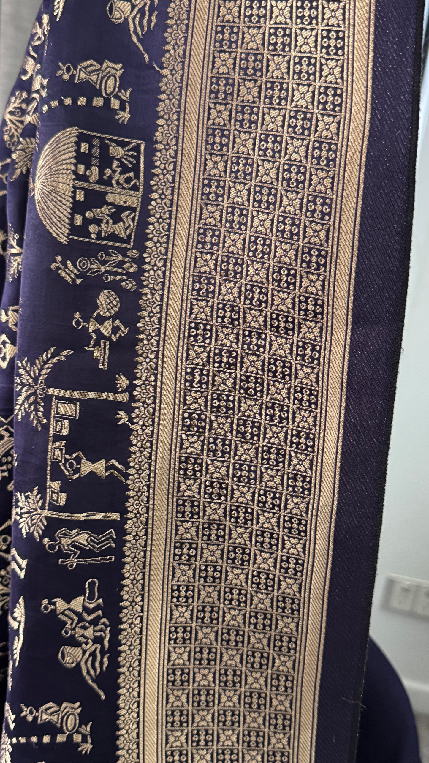 Pure Mashru Silk Banarasi Saree With Warli Art Form Woven - Navy Blue