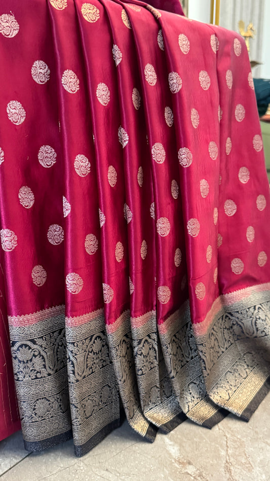 Semi Mashru Silk Banarasi Saree - Burgandy and Navy Blue