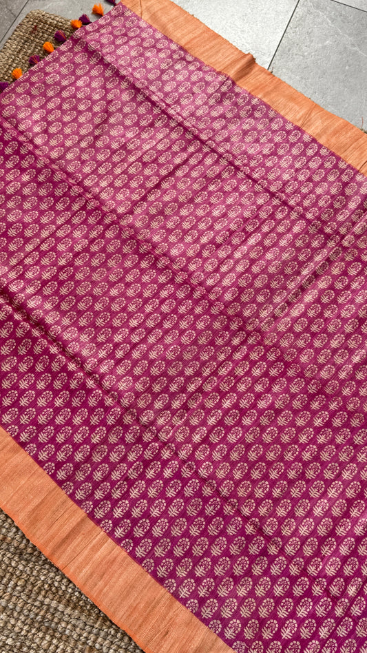 Handloom Giccha silk saree β Ajrakh block prints - Pink and Orange Combo