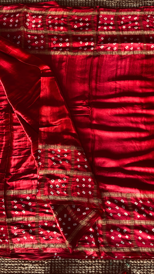 Tie & Dye Handknotted Gharchola Bandhej Pure Gajji Silk Saree - Red