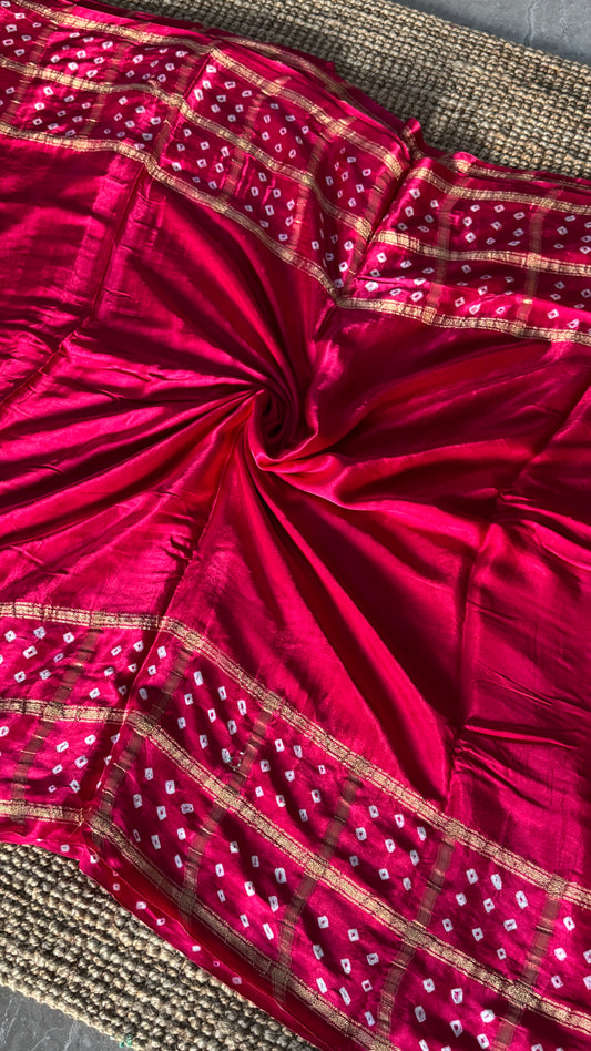 Tie & Dye Handknotted Gharchola Bandhej Pure Gajji Silk Saree - Hot Pink
