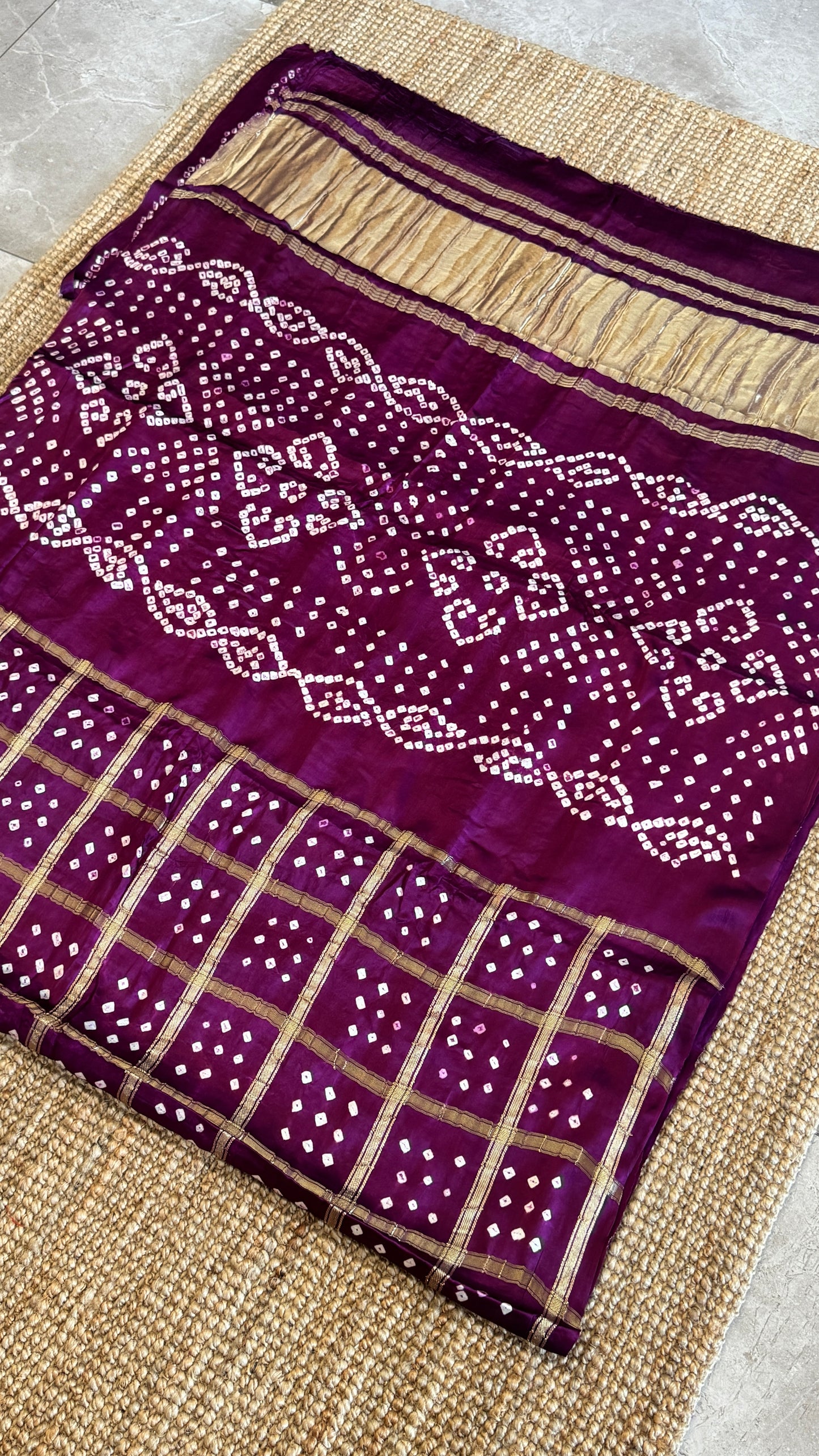 Tie & Dye Handknotted Gharchola Bandhej Pure Gajji Silk Saree - Wine