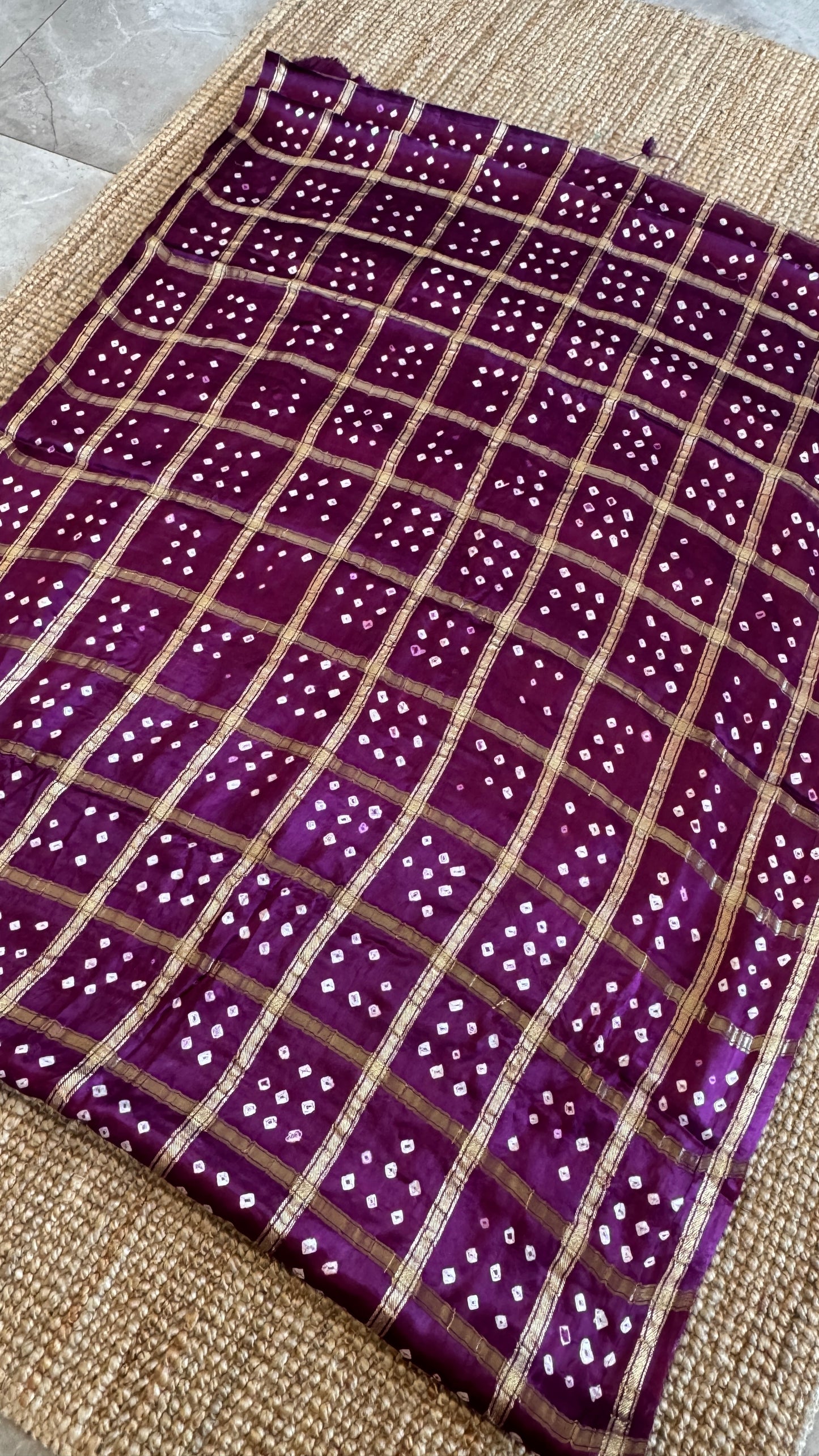 Tie & Dye Handknotted Gharchola Bandhej Pure Gajji Silk Saree - Wine