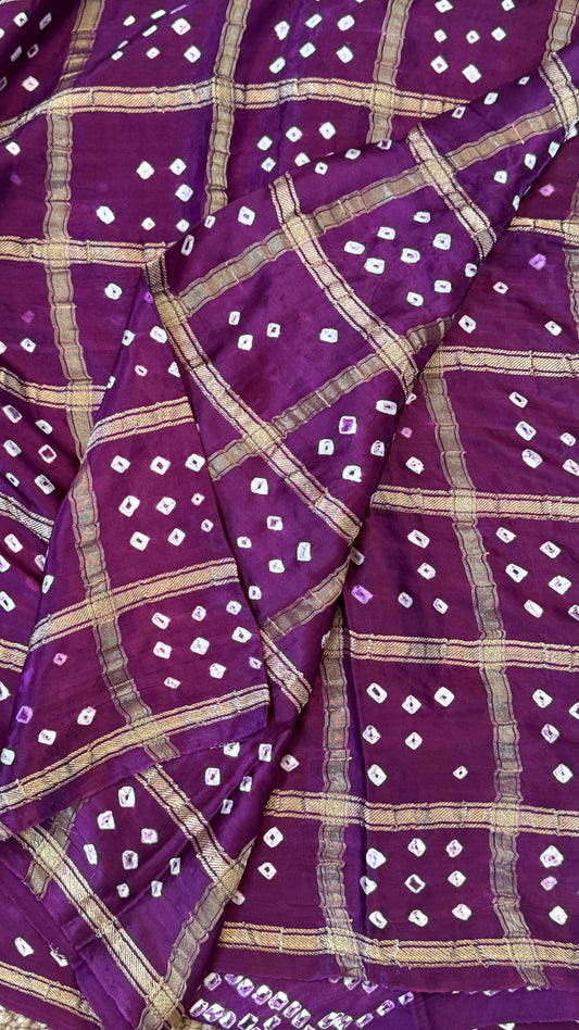 Tie & Dye Handknotted Gharchola Bandhej Pure Gajji Silk Saree - Wine