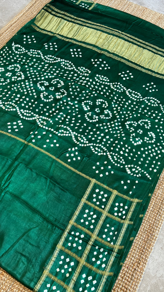 Tie & Dye Handknotted Gharchola Bandhej Pure Gajji Silk Saree - Bottle Green