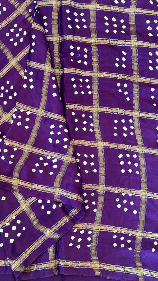 Tie & Dye Handknotted Gharchola Bandhej Pure Gajji Silk Saree - Royal Purple