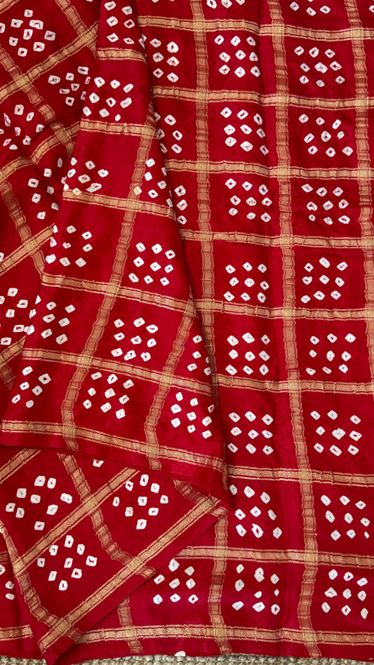 Tie & Dye Handknotted Gharchola Bandhej Pure Gajji Silk Saree - Deep Red