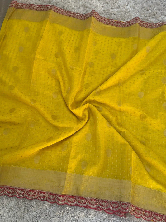 Kora banaras silk saree β Yellow with Red lace border