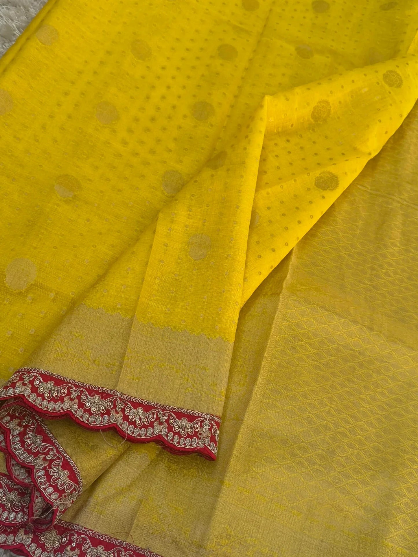 Kora banaras silk saree – Yellow with Red lace border