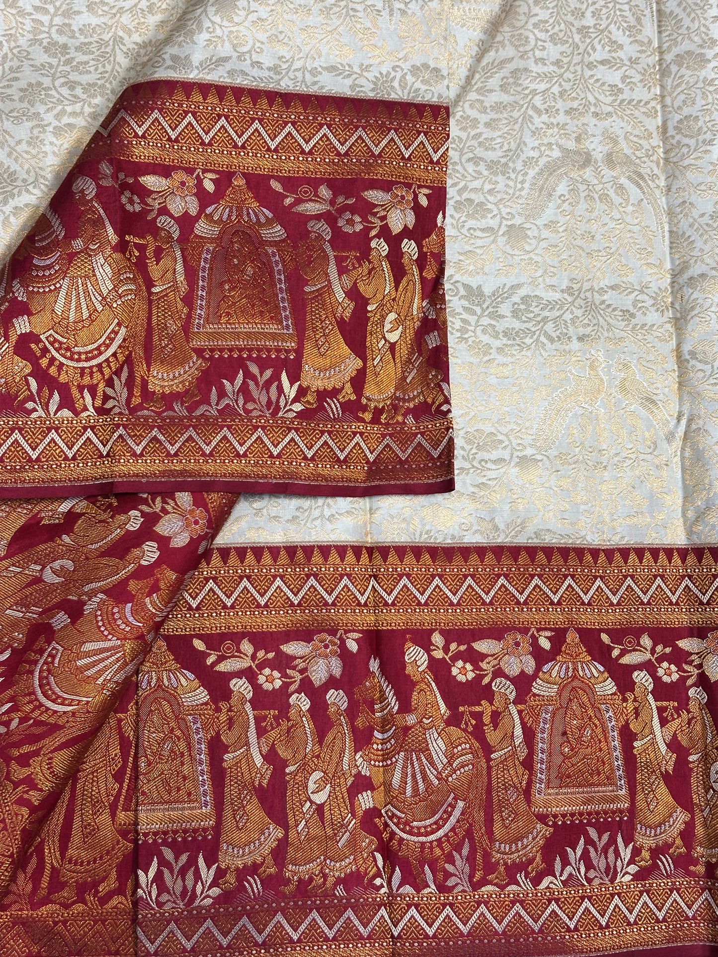 Bridal KANJIVARAM PURE SILK SAREE in White and Deep Red